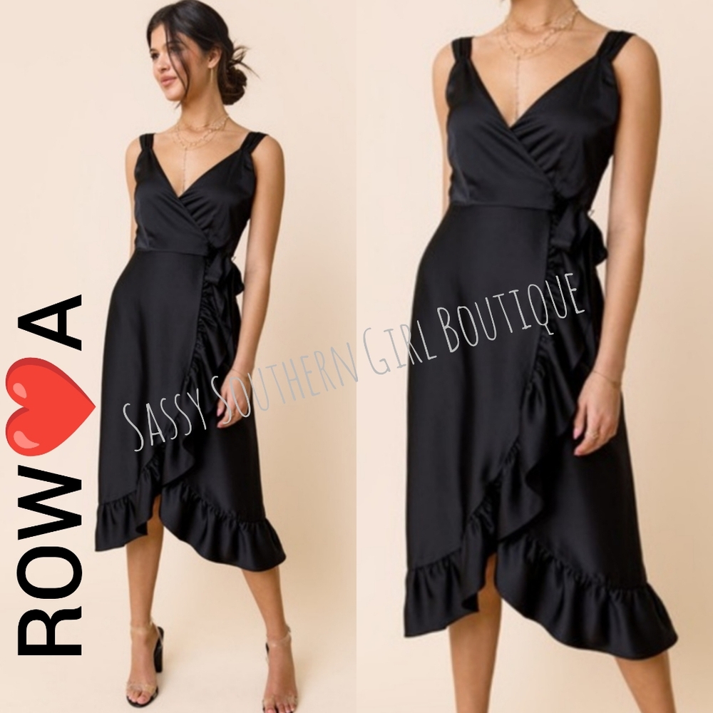 🆕⭐ NORDSTROM Row A Black Satin Wrap Midi Dress
